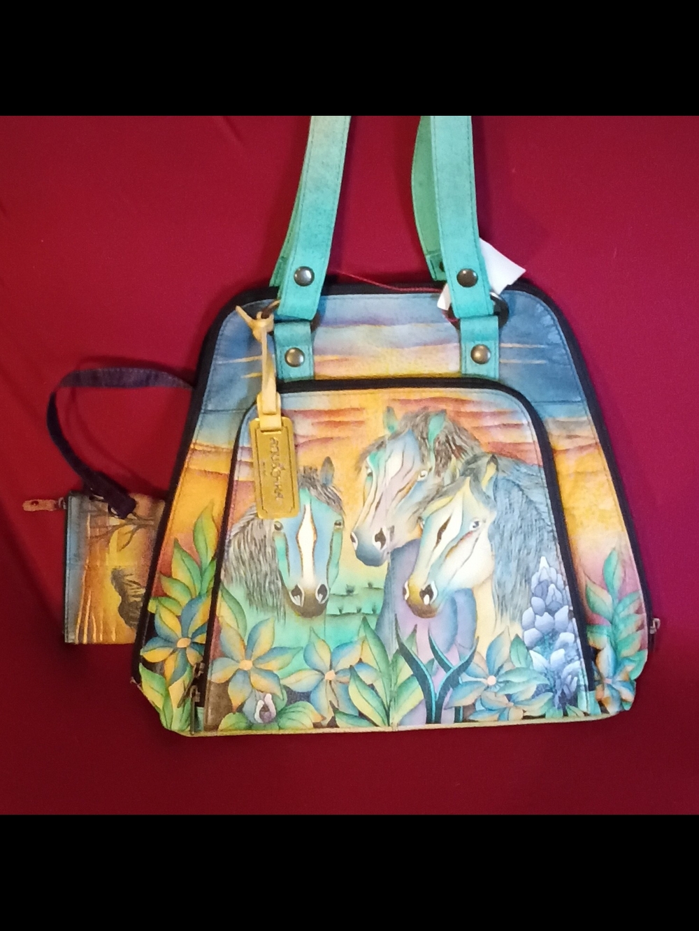 ANUS CHKA Hand-Painted Horse Scenic Tote Bag in Teal Multi-Color